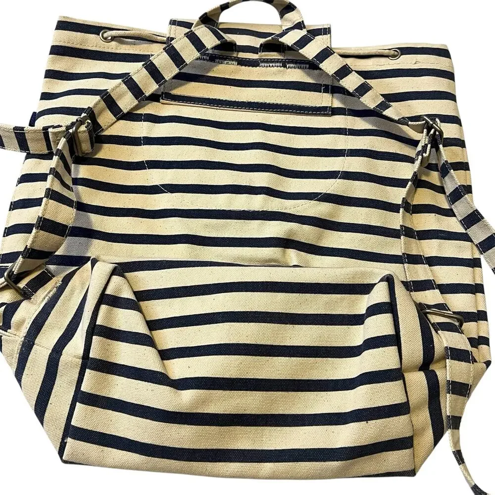 BAGGU Sailor Stripe Canvas Drawstring Backpack Black Cream Discontinued Large